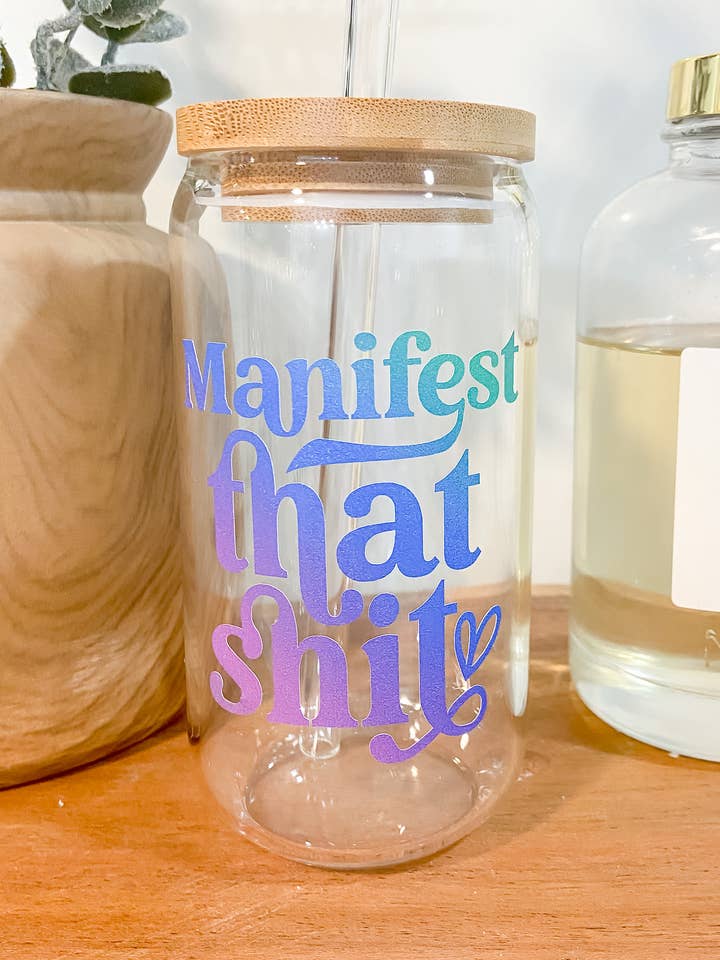 Manifest that shit; iced coffee custom glass for wholesale by LovealwaysDesignsUS