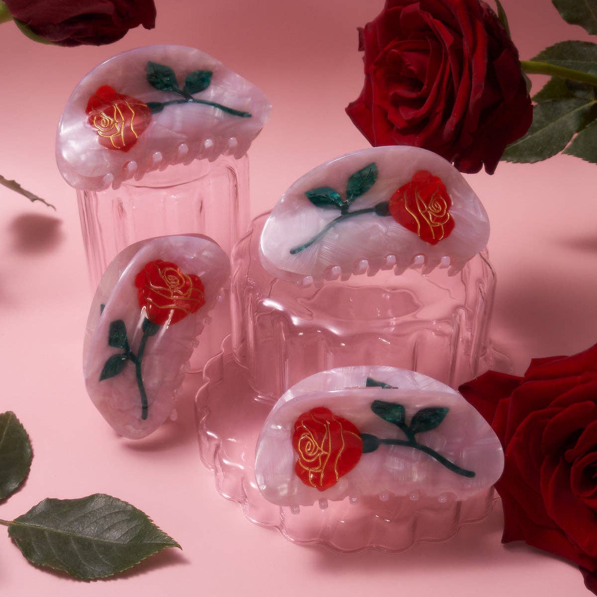 WINONA IRENE - Wholesale Hair Clip - Women's - Women's Belle Pink Single Red Rose Acetate Hair Claw 2