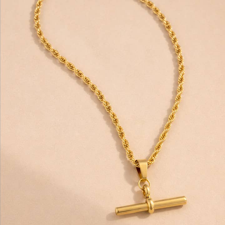 T Bar Pendant Necklace Rope Twist Chain 18k Gold Waterproof for wholesale by Gold Lunar