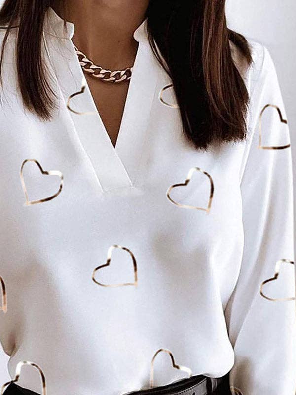 WHITE Loose Fit Long Sleeves Heart Print V-Neck Blouse for wholesale on Faire