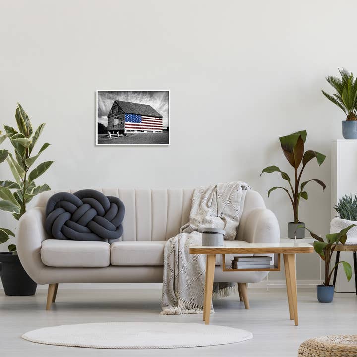Stupell Industries - Wholesale Kunstprint - zwart-wit boerderij schuur Amerikaanse vlag ingelijst