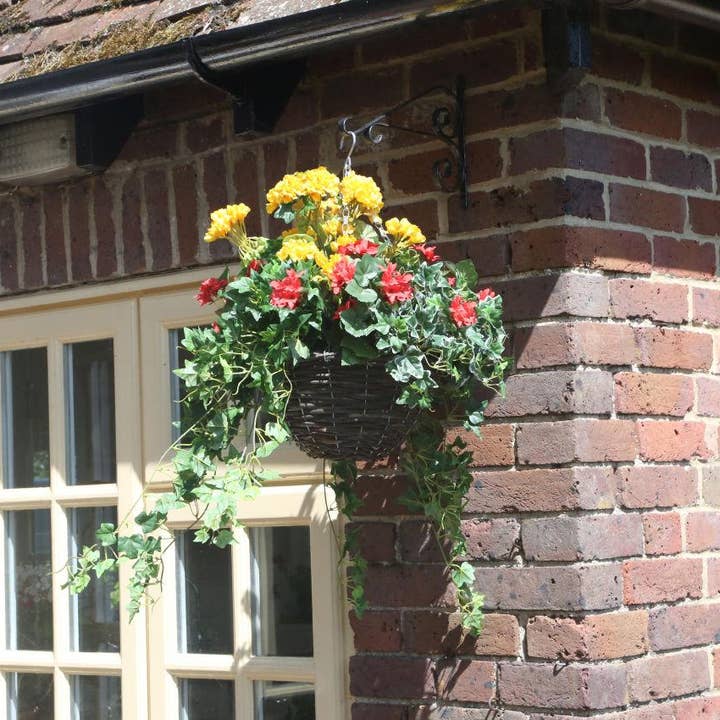 Closer2Nature – wholesale Artificial plant – Artificial Red Begonia and Yellow Geranium Display in a 12" Round Willow Hanging Basket4