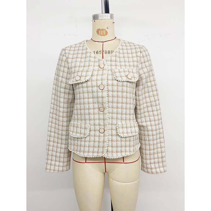 Apricot Elegant Pearl-Embellished Slim Fit Tweed Cardigan BFZY1764 for wholesale on Faire4