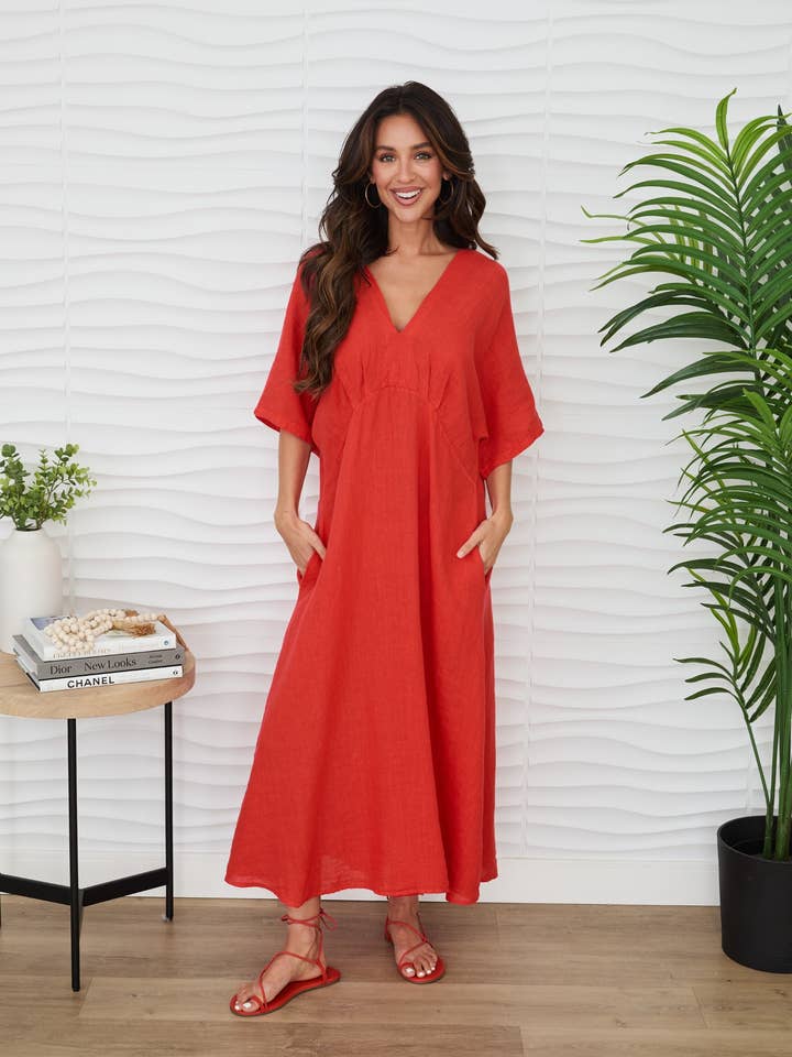 SOLID LINEN V-NECK DOLMAN MAXI DRESS (800853/24.2568-LINEN) for wholesale by MILIO MILANO