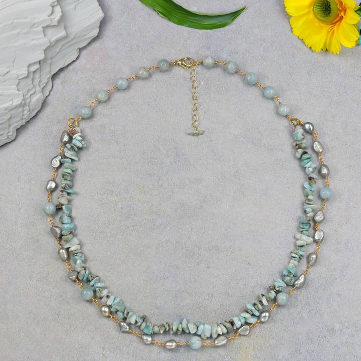 24C146 - Collar Cascada de Ensueño Caribeño de Larimar para venta al por mayor de IST Jewelry