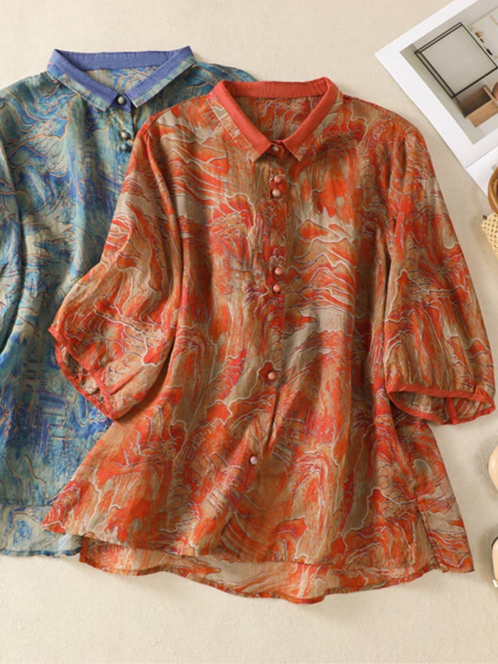 Camicia casual a maniche corte con colletto a blocchi di colore stampato retrò per la vendita all'ingrosso da parte di Whisper Mint