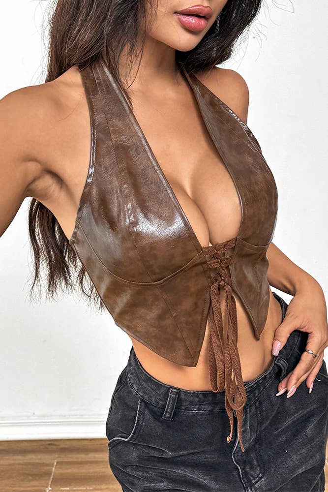UNISHE - Wholesale Corset - Women's - Low Cut Cardigan Halter Tie PU Leather Corset Top GZCY072