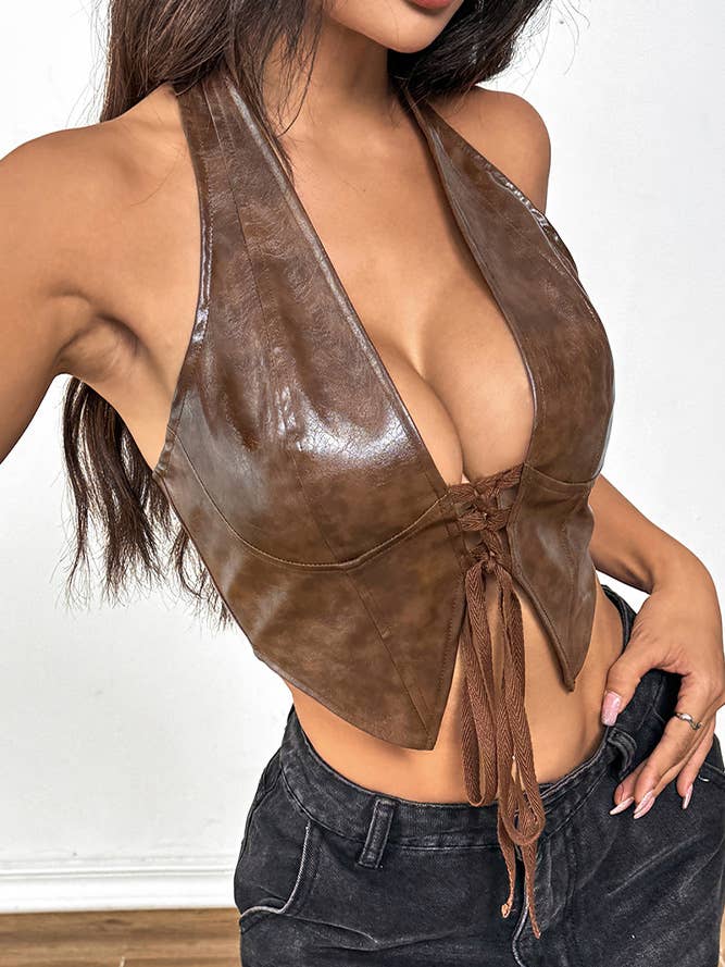 UNISHE - Wholesale Corset - Women's - Low Cut Cardigan Halter Tie PU Leather Corset Top GZCY072