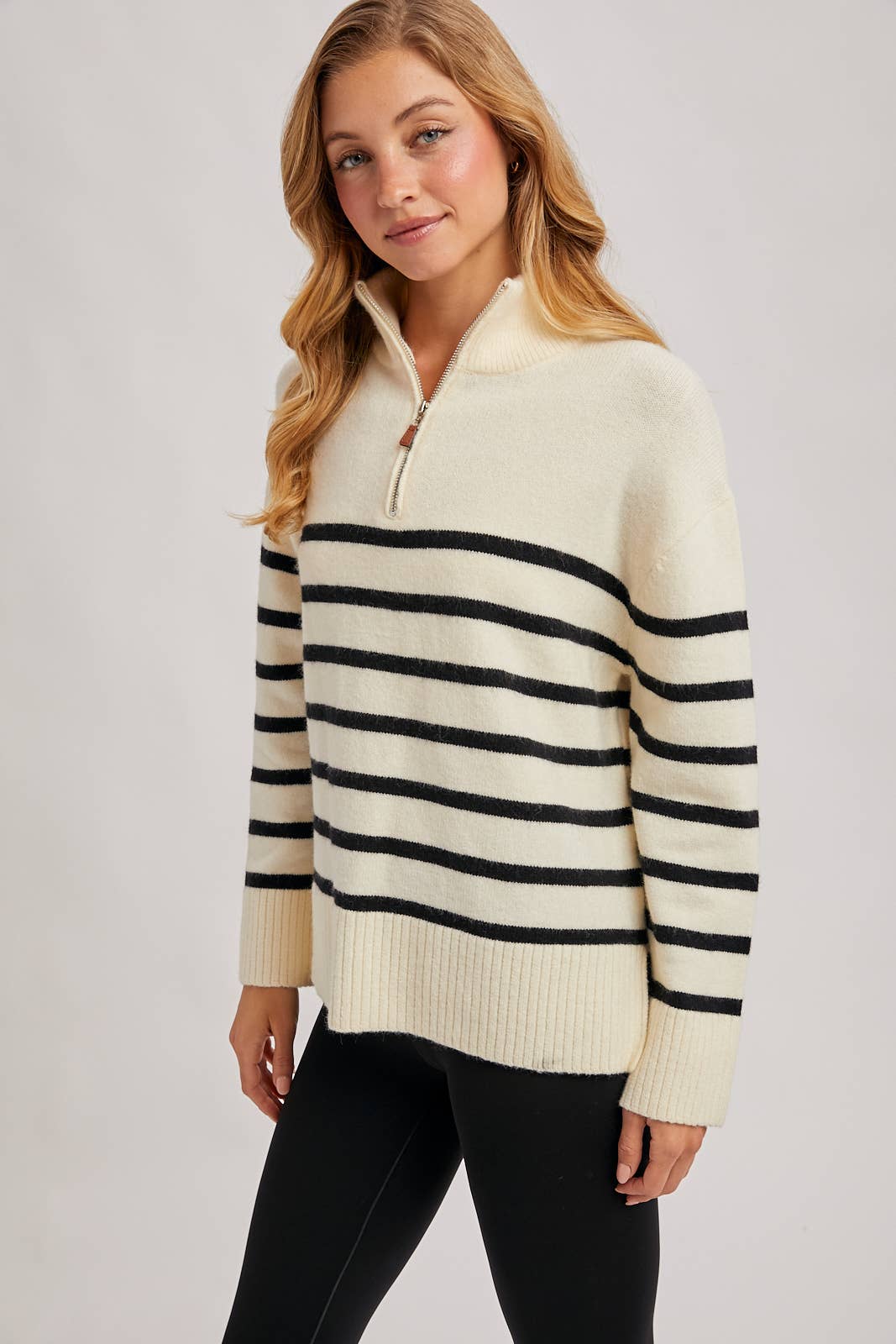 Bluivy - Wholesale Knit Sweater - Women's - QUARTER ZIP UP STRIPE SWEATER PULLOVER13