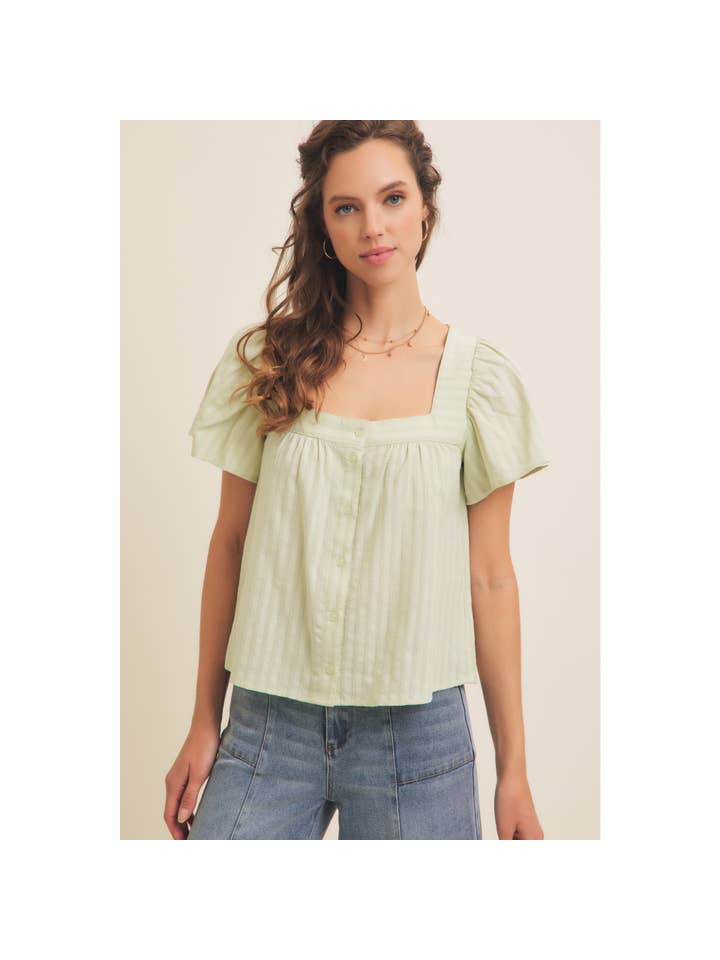 in february - Wholesale Blouse - Women's - TEXTURED FABRIC SQUARE NECK BUTTON-DOWN BLOUSE