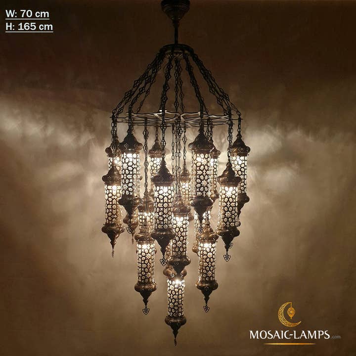17 Blown Globe Big Ottoman Chandelier, Laser Cut Metal and Handmade Moroccan Chandelier Blown into a Metal Cage, Living Room Lights for wholesale by Mosaic Lamps