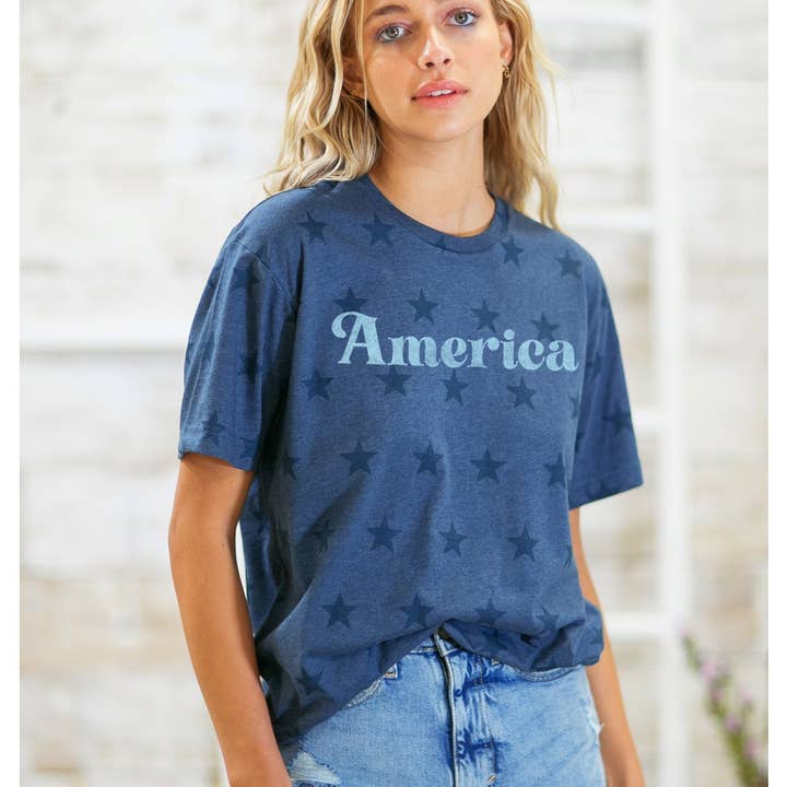 Emmaus, Inc. - Wholesale Screen Printed T-Shirt - Women's - AMERICA Star Print Graphic T-Shirt Top
