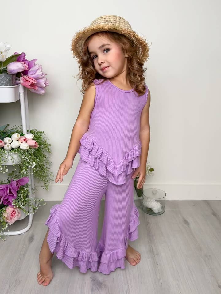 Just Being Cute Lilac Ruffle Pants Set for wholesale by Mia Belle Girls • Wholesale