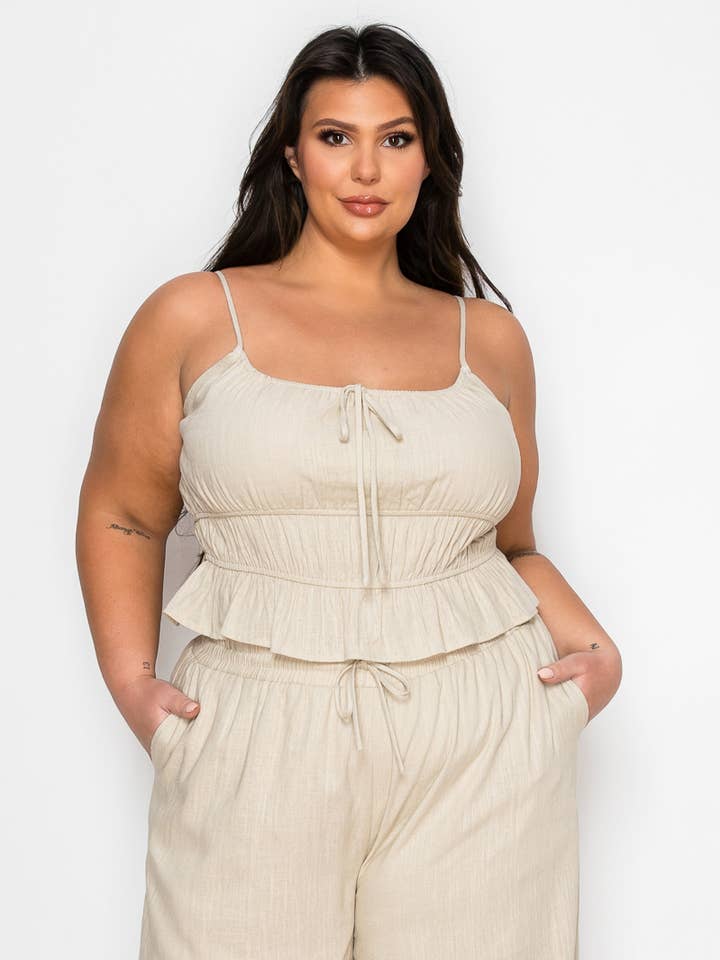 Ensemble grande taille : caraco à volants et pantalon à jambes larges SU2727P-Set pour la vente par Haute Fox Plus Size & Contemporary