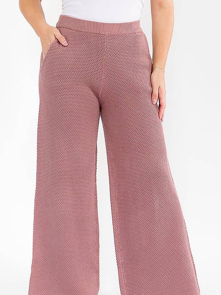 KNIT ELASTIC WAIST POCKETS FRONT WIDE LEG PANTS for wholesale by ROUSSEAU
