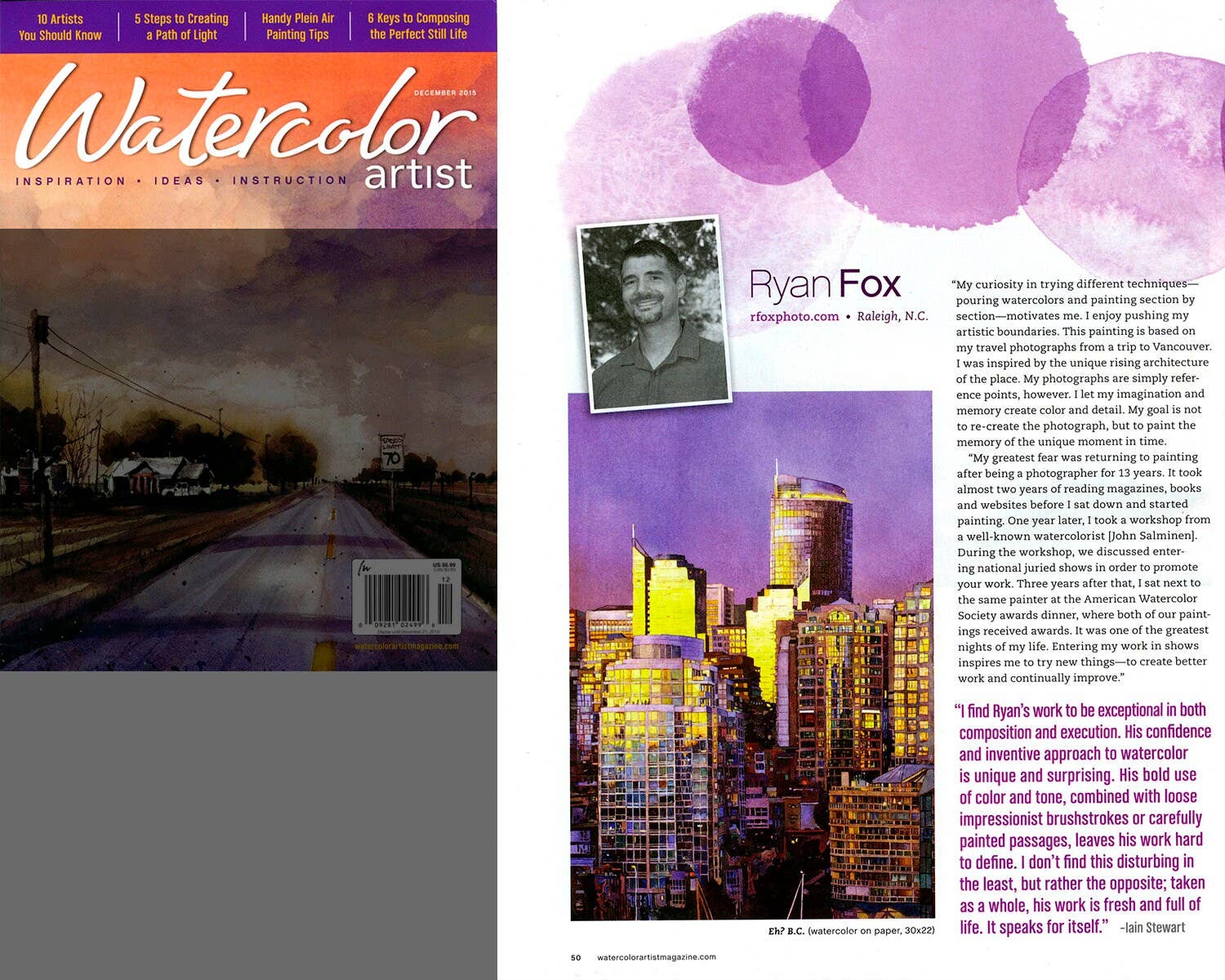 Ryan Fox Fine Art - Vente Affiche d'art - Panorama de Vancouver au coucher du soleil. Art mural à l'aquarelle de Vancouver, impression colorée, impression artistique, peinture giclée, Canada4