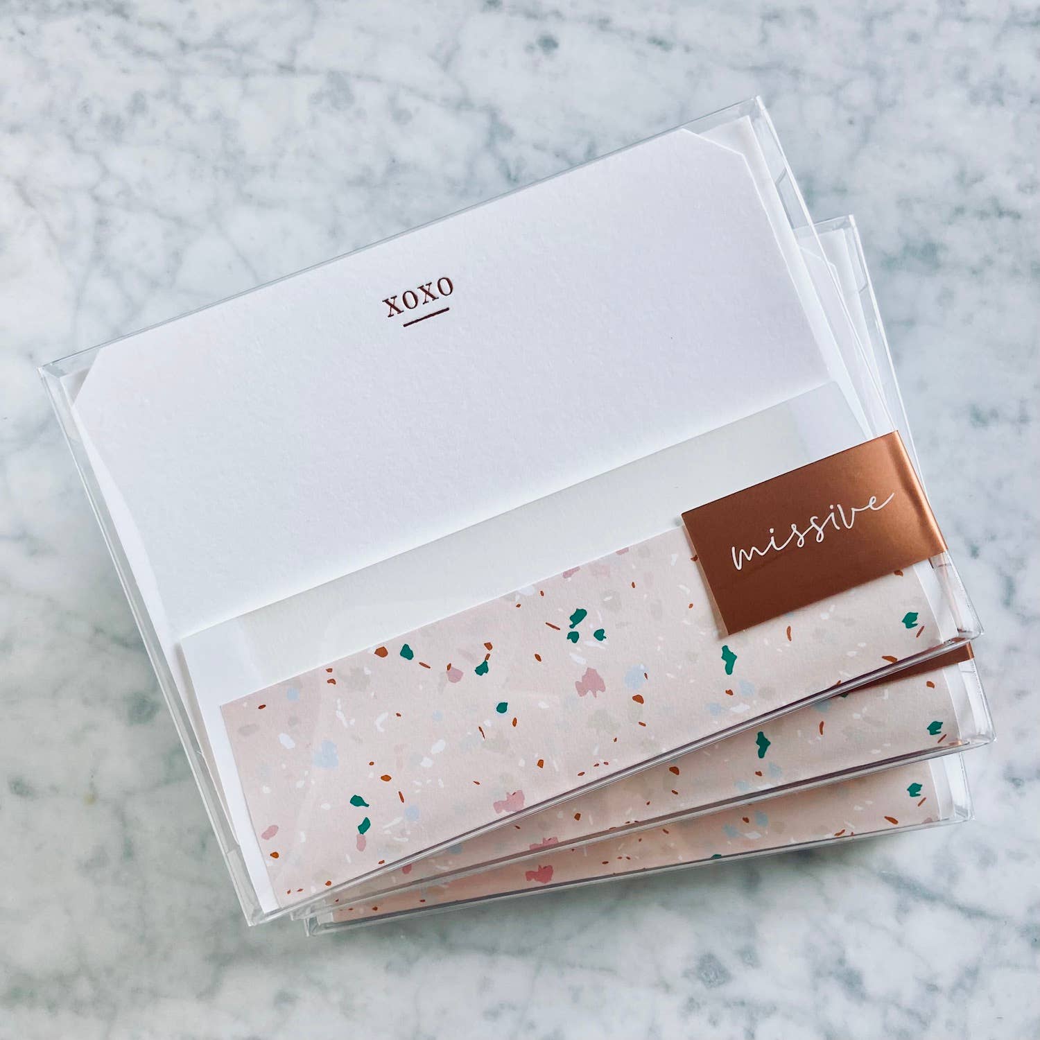 Missive - Wholesale Stationery/Notecard Set - XOXO Bevel Note Set in Terrazzo - Copper Foil Stationery3