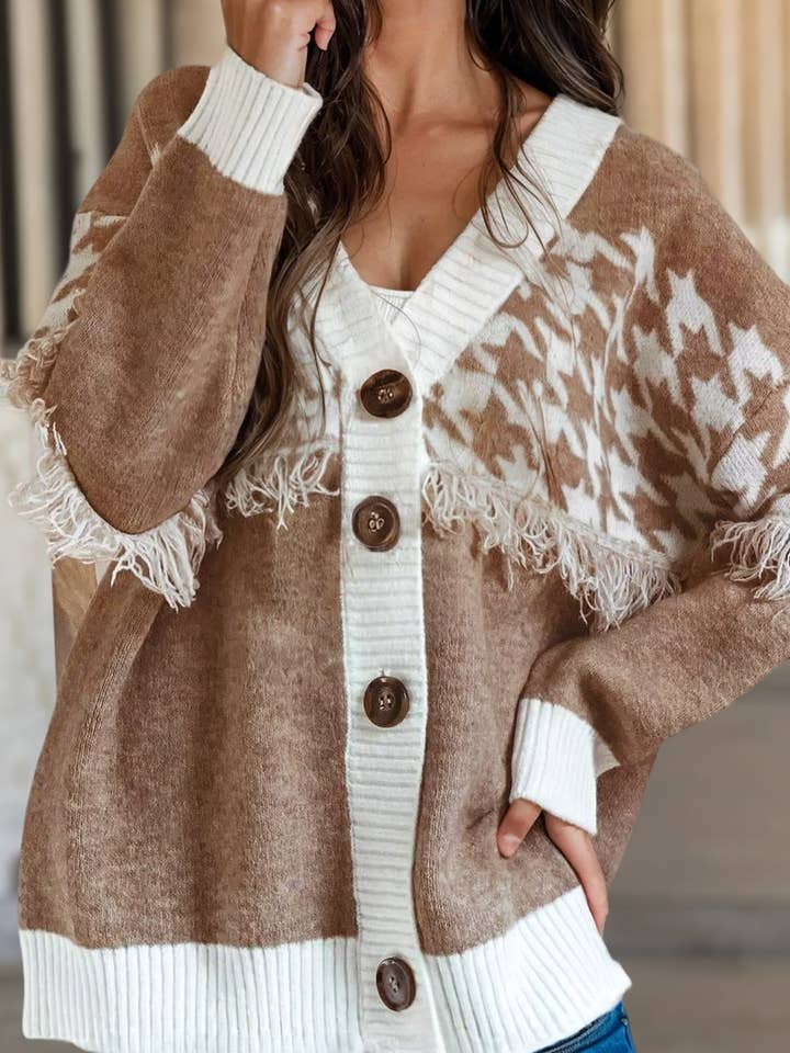 Cardigan à boutons sur le devant avec col en V et motif pied-de-poule en blocs de couleur | S-XL pour la vente par Aapparella