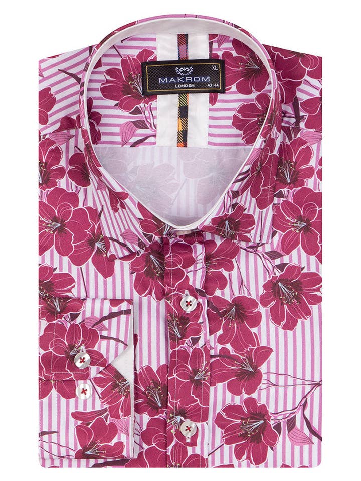 Purple Stripe Daisy Floral Print Shirt for wholesale by Makrom