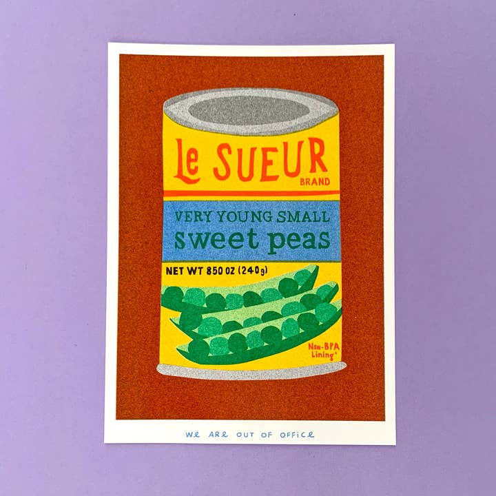 A risograph print of a can of sweet peas for wholesale by We are out of office