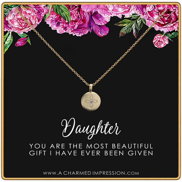 A Charmed Impression – wholesale Hänge-/berlockhalsband – Dottergåvor från mamma pappa • Present till vuxen dotter • Dotterfödelsedagskort och smycken • Julklappar för kvinnor tonårsflicka • Lotus Crystal Disc halsband