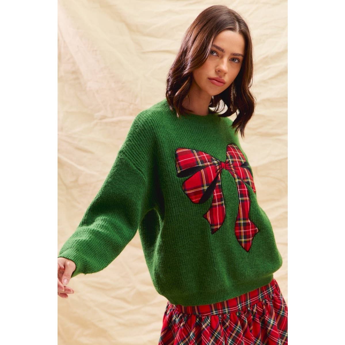 IVE - Wholesale Knit Sweater - Women's - Checker Plaid Ribbon Christmas Holiday Sweater Top4