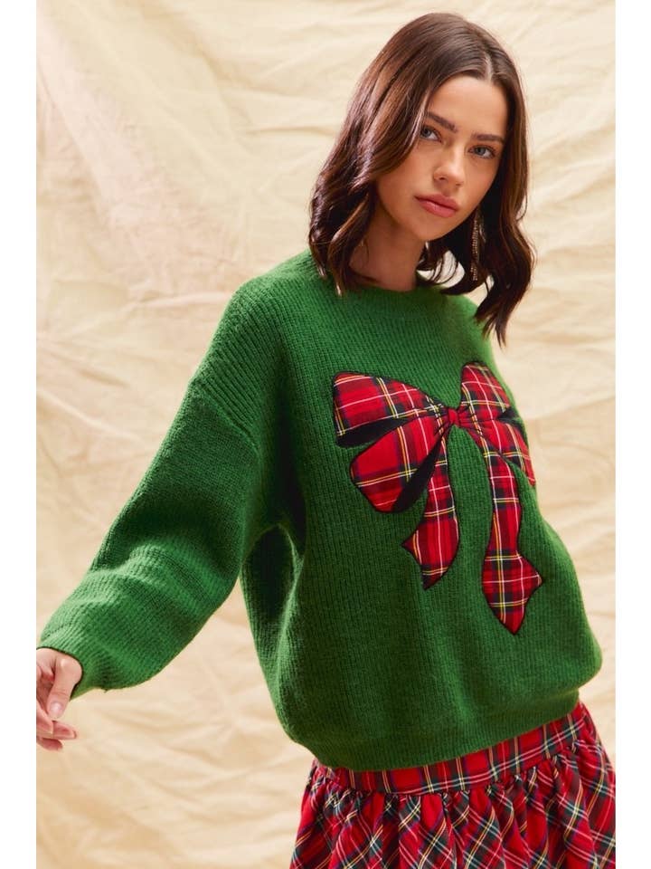 IVE - Wholesale Knit Sweater - Women's - Checker Plaid Ribbon Christmas Holiday Sweater Top4