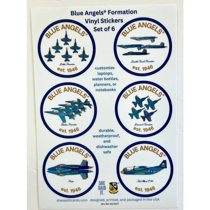 US Navy Blue Angels Sticker Sheet for wholesale by She Said It.