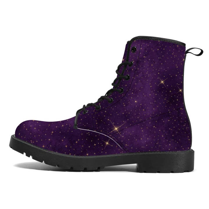 Raiana's Vibes - Wholesale Combat/Military Boots - Women's - Purple Galaxy Women's Boots, Vegan Leather, Chakra Boots, Handcrafted Boots, Combat Boots, Rave Outfit, Trippy Hippie, Galaxy Mens Boots