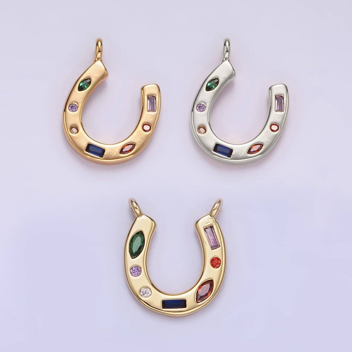 Aim Eternal - Wholesale Individual Charm/Pendant - 14K Gold Filled CZ Multicolor Dotted Lucky Horseshoe Charm | AC-8195