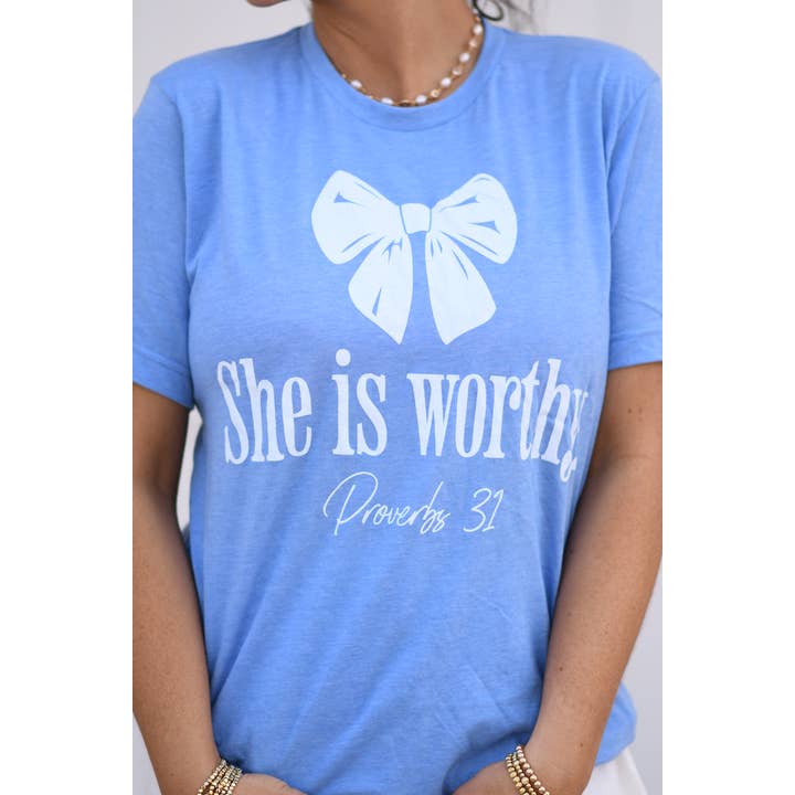Heather Blue RTS She Is Worthy Tee for wholesale on Faire