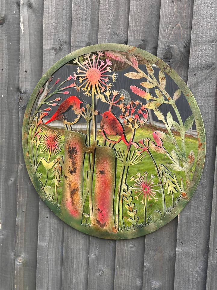 Handmade rusty 60cm wall plaque acrylic mirror of robin birds Tree Wall Plaque, Rusted coloured Metal, Garden/indoor Wall Art with peeling effect for wholesale by Marissa's Gifts