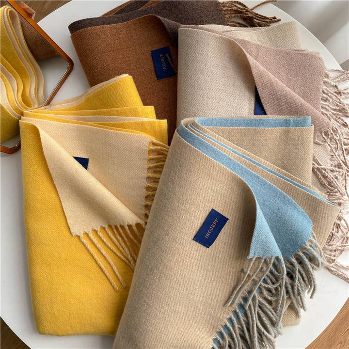 Little Trendy - Wholesale Scarf - Women's - Solid color scarf Double-sided two-color tassel shawl scarf