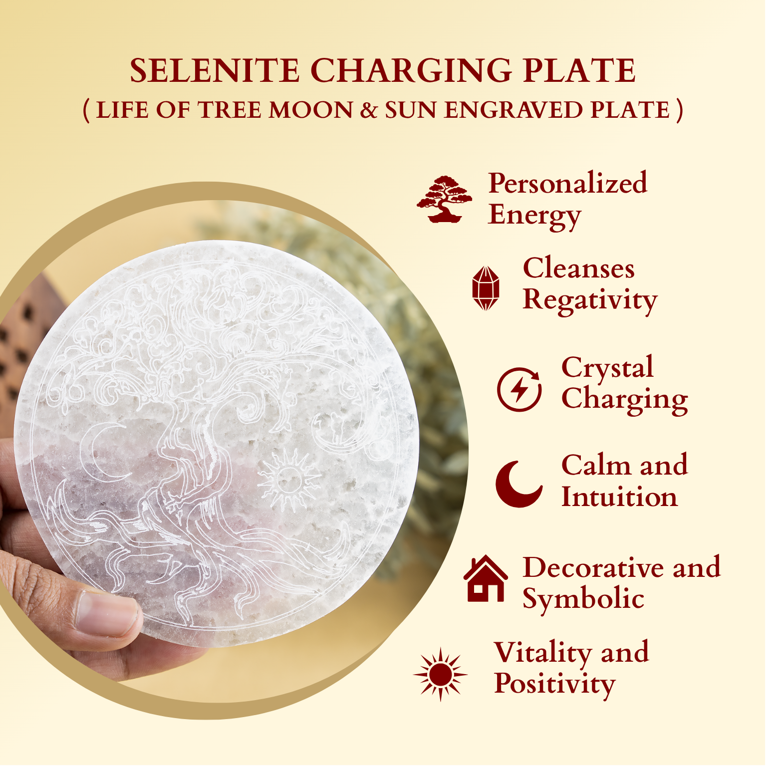 Soothing Crystals - Wholesale Crystal Charging Plate -  4" Selenite Plate | Tree of Life Moon & Sun Selenite Plate3