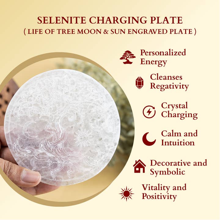 Soothing Crystals - Wholesale Crystal Charging Plate - 4" Selenite Plate | Tree of Life Moon & Sun Selenite Plate3