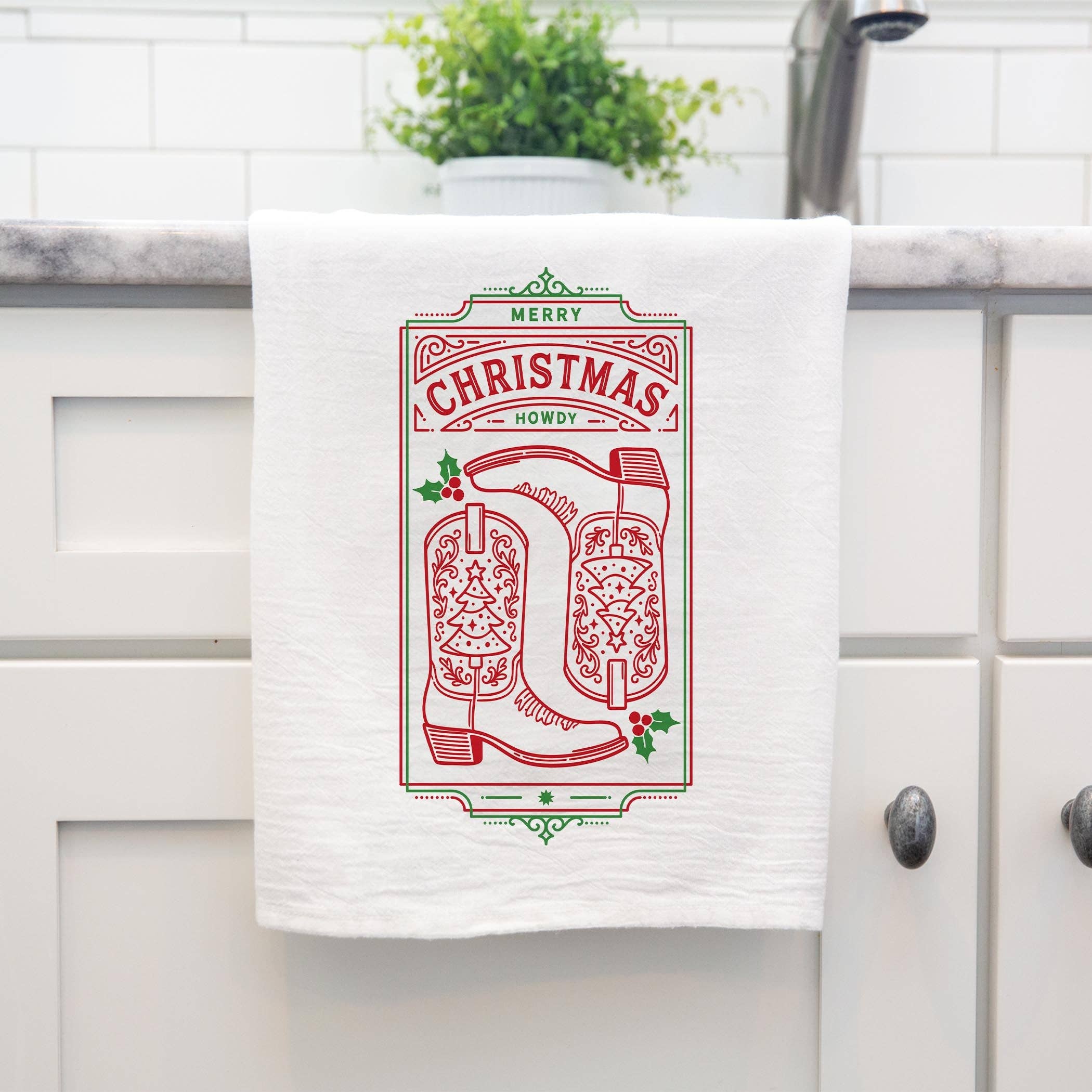 White Cotton Tea Towel White-Western Christmas for wholesale on Faire4