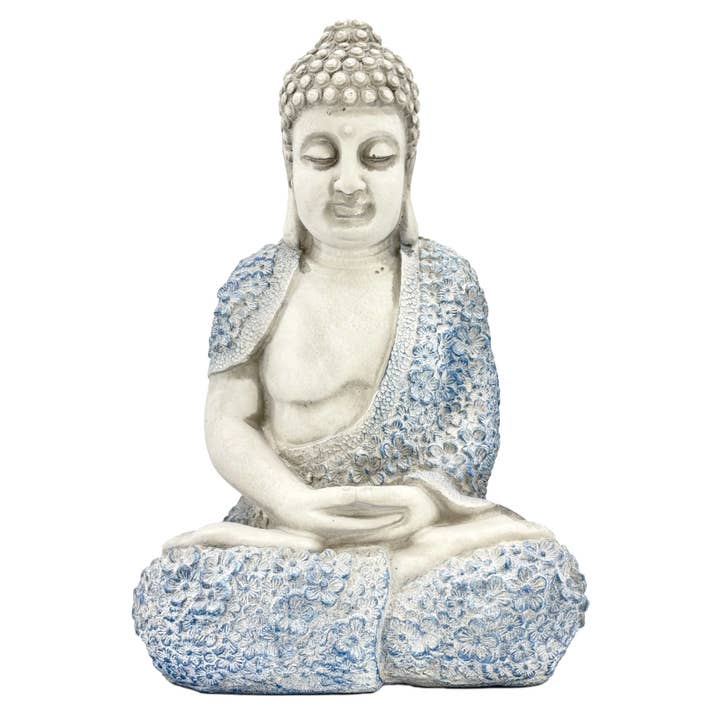 16" Blue & White Sitting Buddha Garden Statue for wholesale by Galt International Company