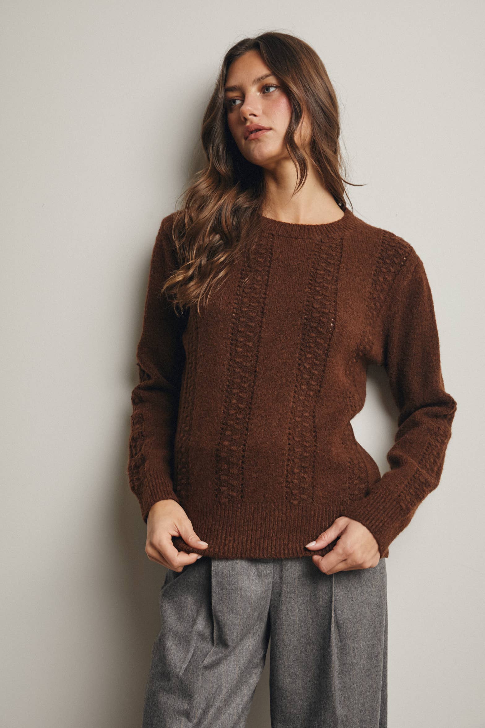 Forte - Wholesale Knit Sweater - Women's - Textured Cable Stitch Pullover Sweater FSW001612
