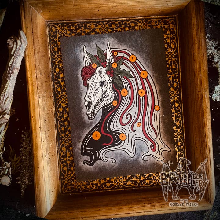 Portrait Mari Lwyd Archival Art Print for wholesale by Bat In Your Belfry