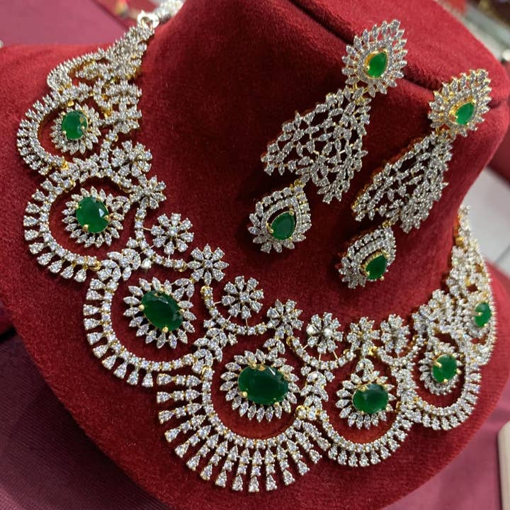 Conjunto de Colar de Brilho Esmeralda – Joias de Noiva com Diamante Americano por atacado de Vinnis Jewelry