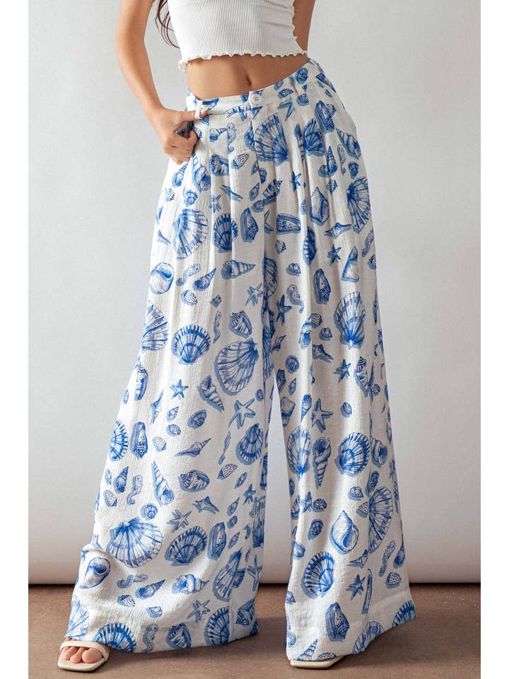 WHITE BLUE Seashell Print High-Waisted Wide-Leg Pants for wholesale on Faire