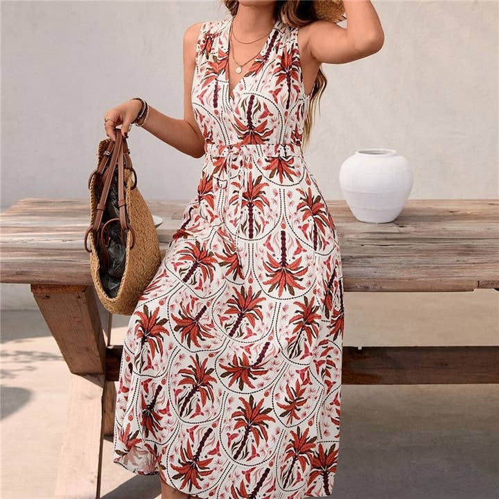 FIRE BRICK Sleeveless V-Neck High Waist A-Line Floral Print Dress for wholesale on Faire