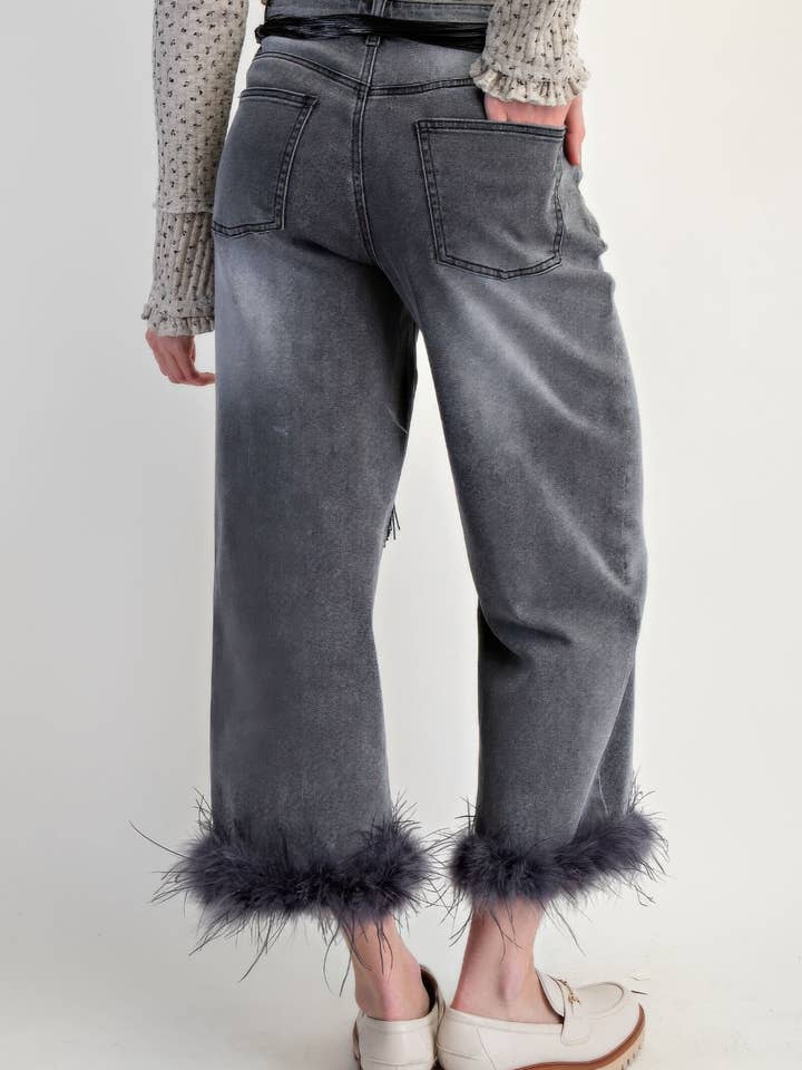 Garden Naked - Wholesale Jeans - Women's - Fur Bottom Hem Washed Stretch Denim Pants4