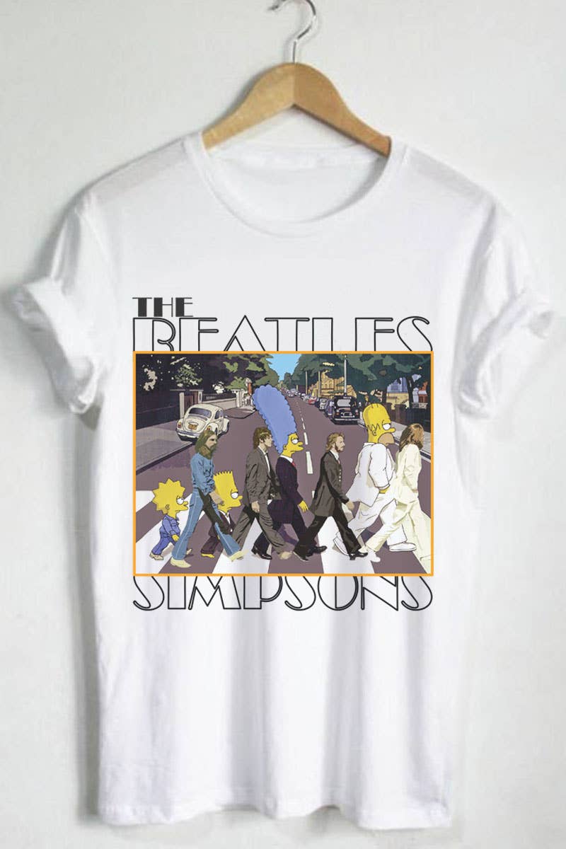 WHITE M8787 - THE BEATLES SIMPSONS graphic tee for wholesale on Faire