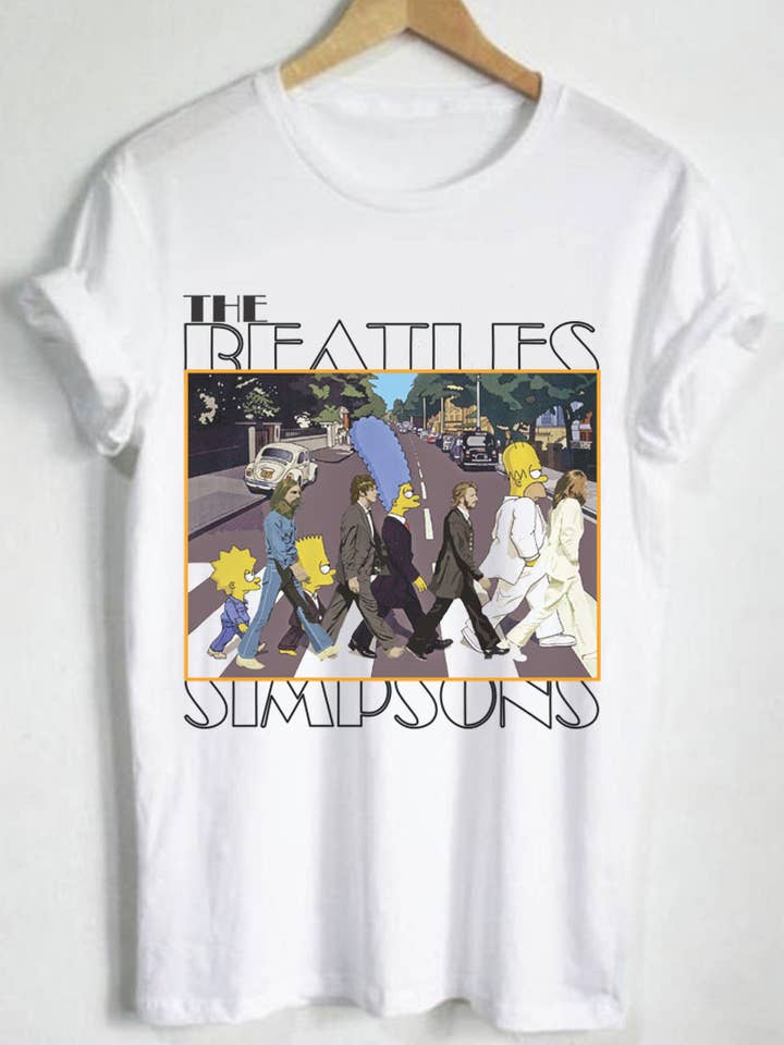 WHITE M8787 - THE BEATLES SIMPSONS graphic tee for wholesale on Faire0