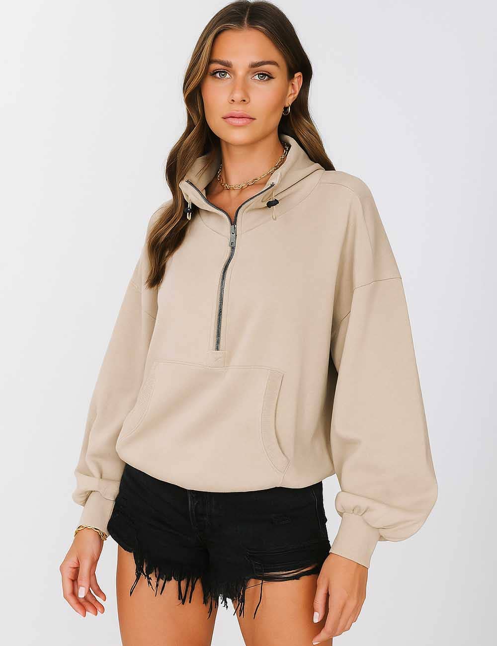 Sweetkama - Wholesale Hoodie - Women's - Ladies Long Sleeves Zip Collar Pocket Hoodie EWQD1