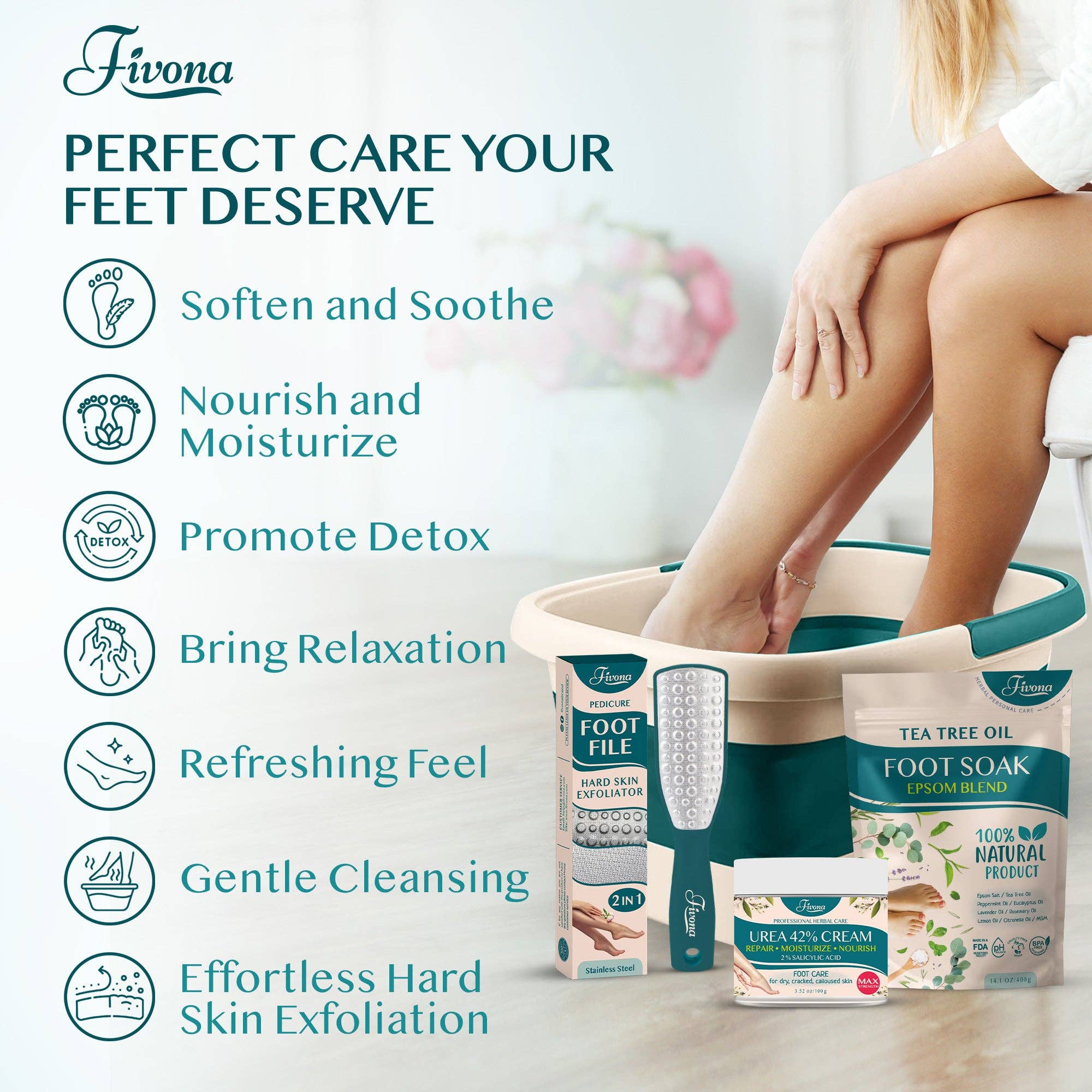 FIVONA - Wholesale Foot Scrub/Polish - Foot Salt Soak Kit 4 in 1 Natural Feet SPA Tea Tree2