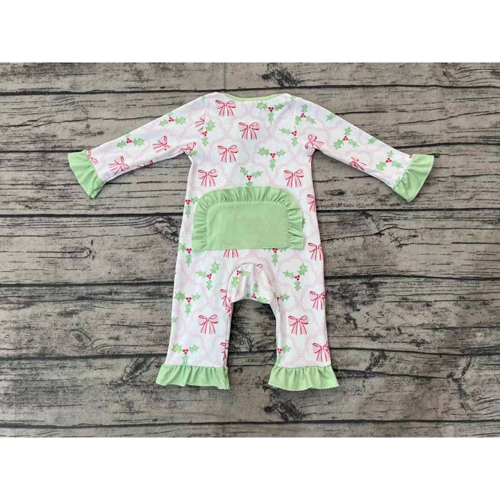 Aier Wholesale - Wholesale Jumpsuit - Baby - Baby Infant Girls Christmas Bows Holly Long Sleeve Zip Rompers4