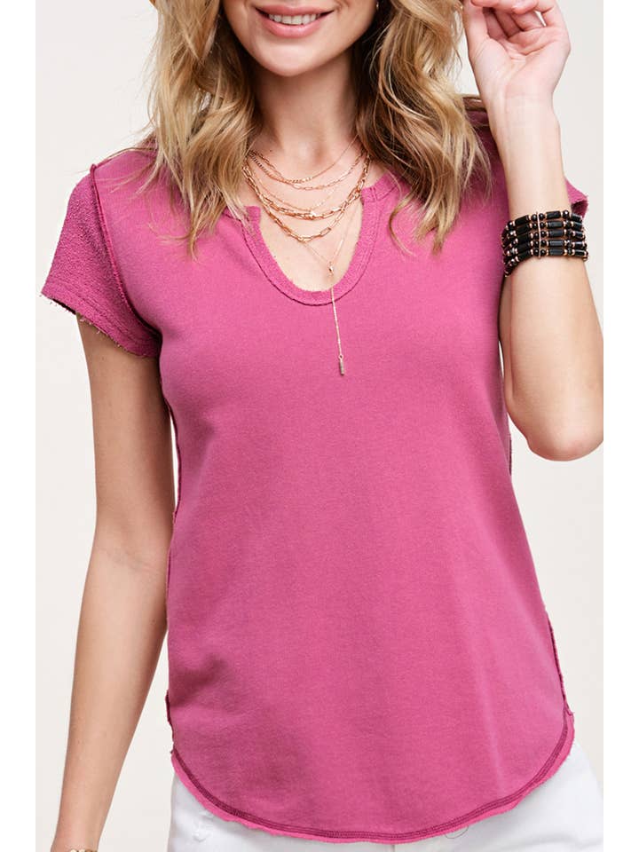 La Miel - Wholesale Gebreide top - Dames - JBT7655-getextureerde top van zachte badstof met ruwe rand en korte mouwen14