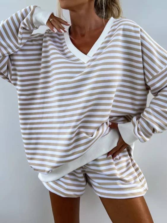 Rosa Clothing - Wholesale Top & Short Set (NOT Loungewear) - Women's - Striped V-Neck Oversized Sweatshirt Shorts Set